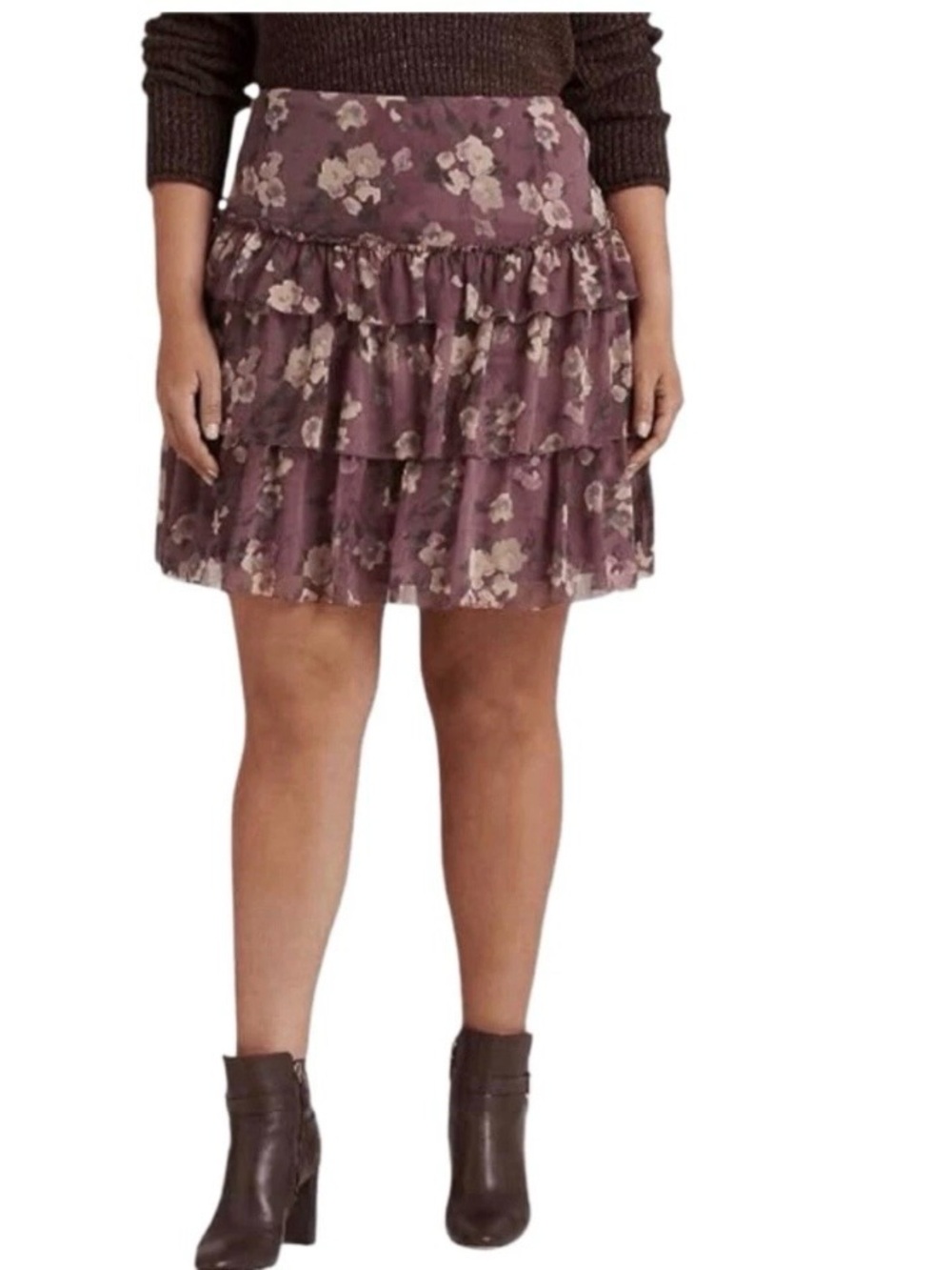 Ralph Lauren 22W Purple Floral Crinkle Georgette Tiered Ruffle A-Line Skirt